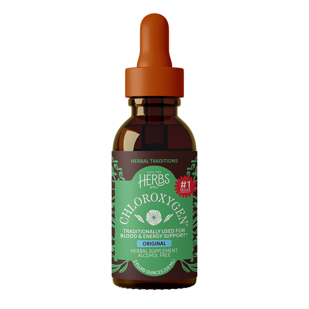 HE100 | Amber dropper bottle with green label reading HERBS CHLOROXYGEN, herbal supplement 2 fluid ounces - Thumbnail