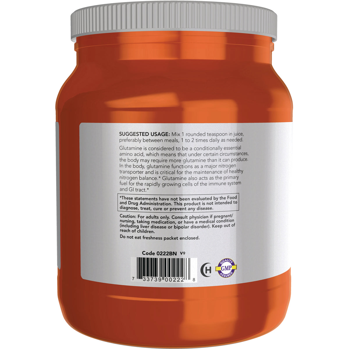 NWF895 | Back of orange supplement jar showing suggested usage text, caution, barcode and GMP seal