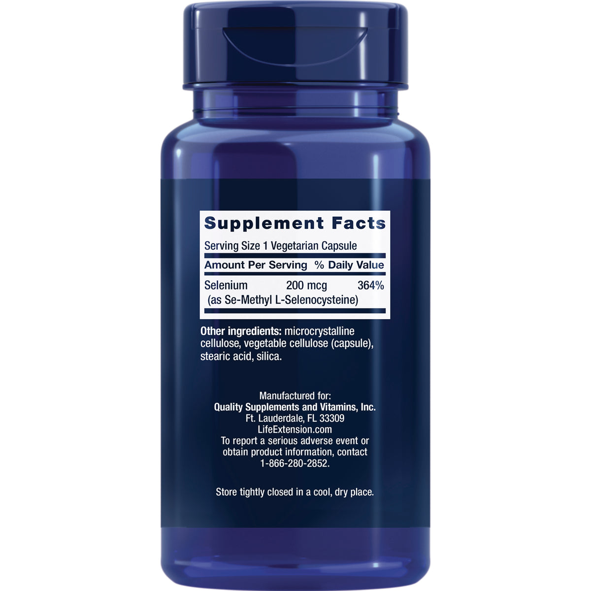 LE407 | Back of blue supplement bottle showing Supplement Facts panel: Serving Size 1 Vegetarian Capsule, Selenium 200 mcg and other ingredients