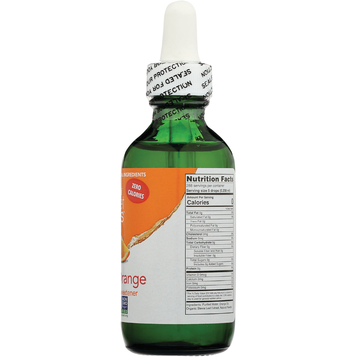 WA047 | Back of green dropper bottle with Nutrition Facts panel, zero calories, Orange flavor
