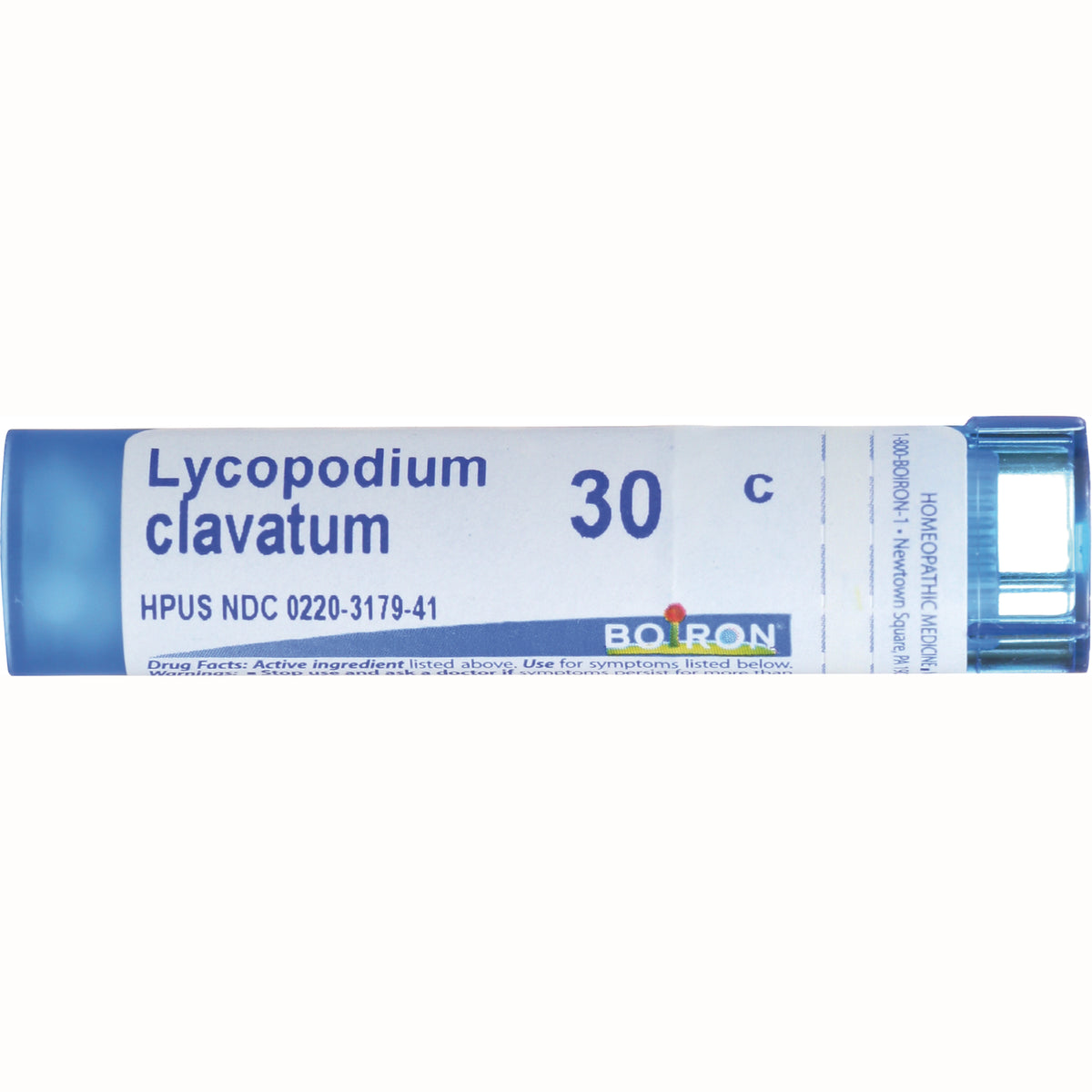 BRN064 | white and blue homeopathic remedy tube labeled Lycopodium clavatum 30 C by Boiron
