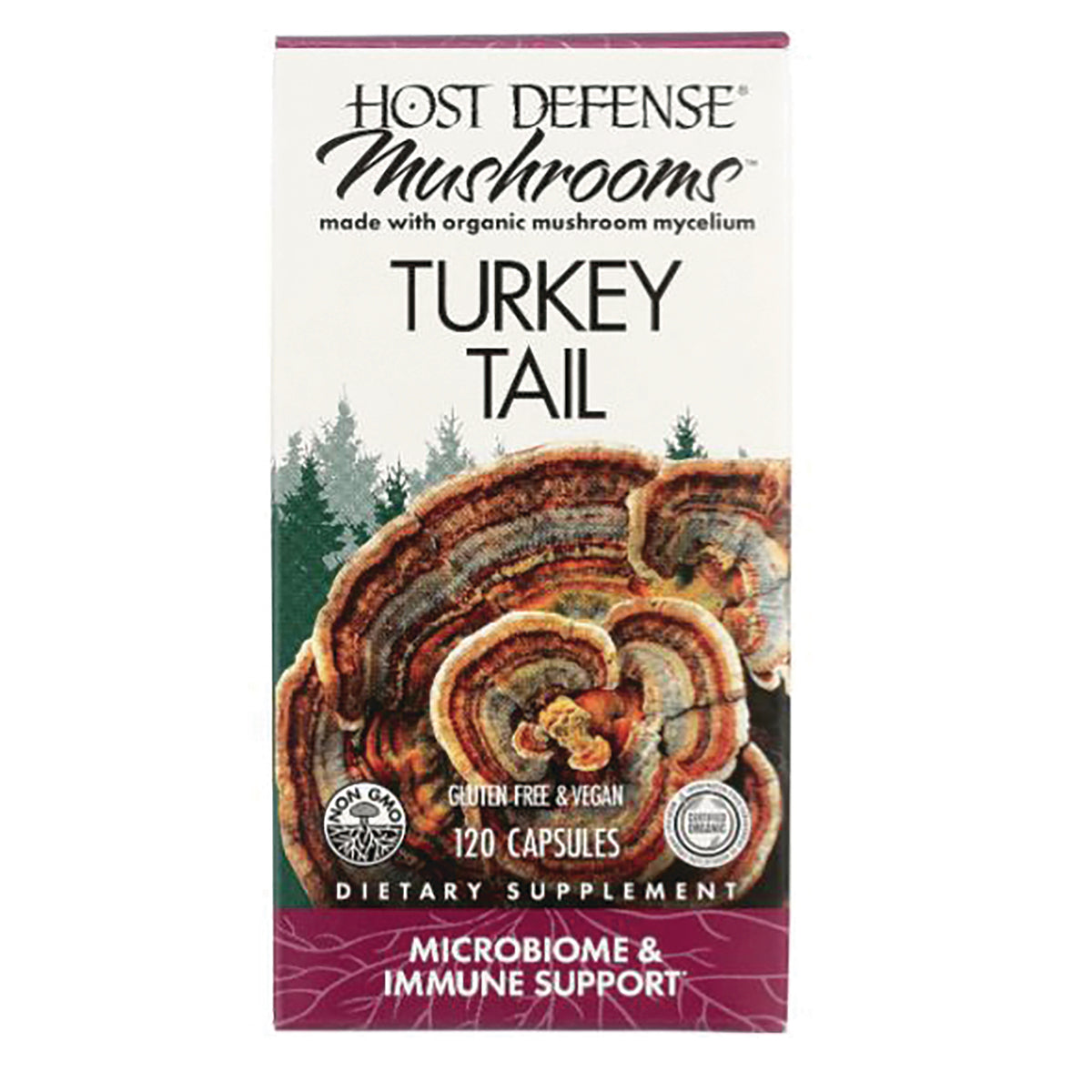 FUN013 | Host Defense Mushrooms Turkey Tail supplement box front showing mushroom illustration and text 120 capsules microbiome & immune support