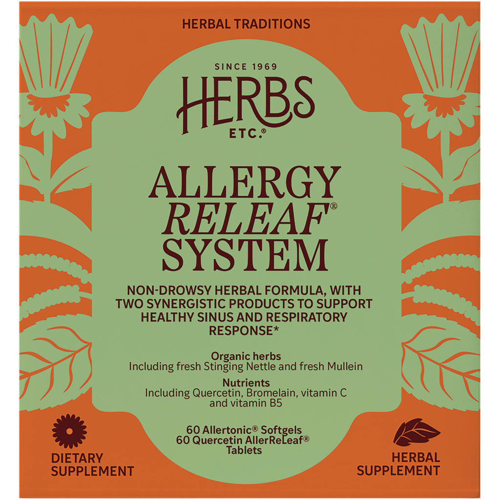 HE099 | Herbs Etc Allergy Releaf System front packaging, green label with orange border stating non-drowsy herbal formula and 60 Allertonic softgels - Thumbnail
