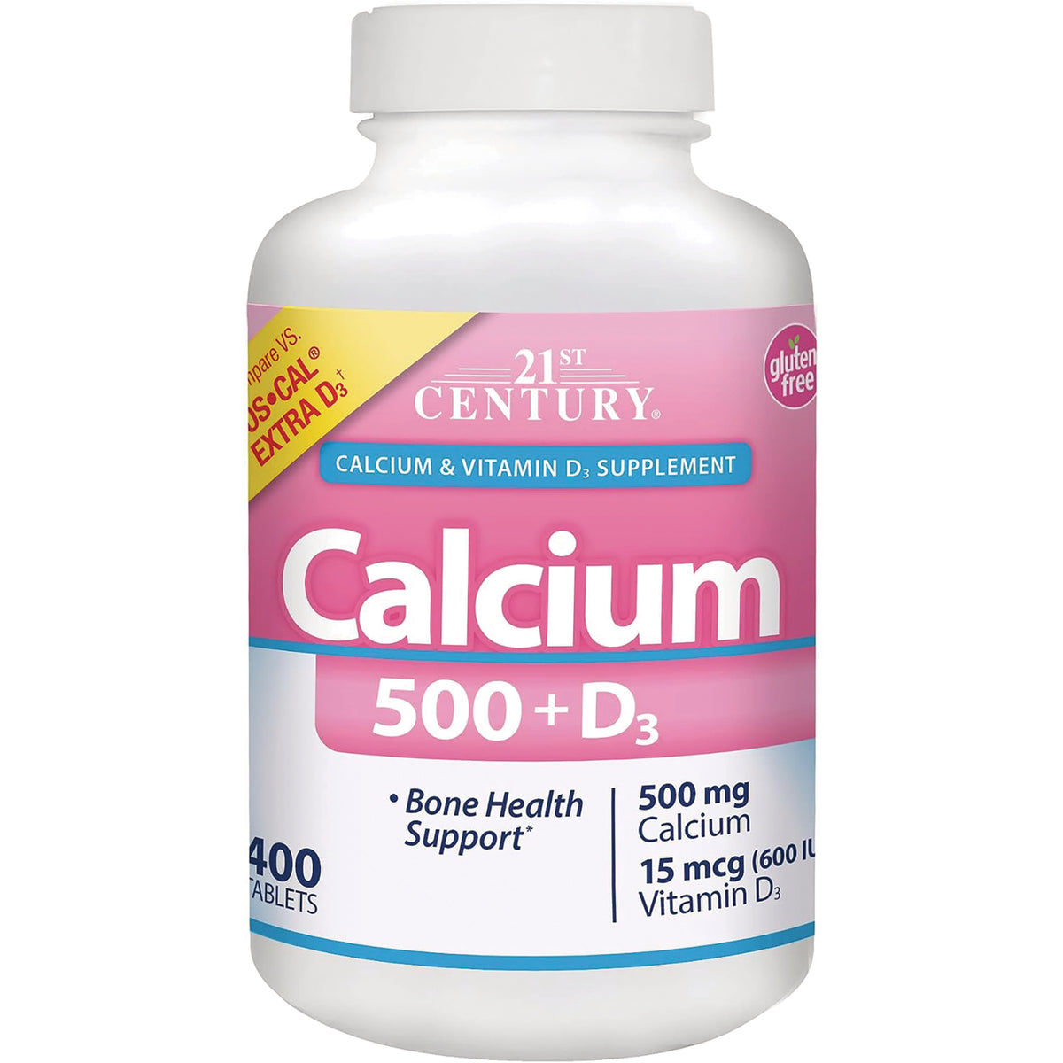 CNT262 | 21st Century Calcium 500 + D3 supplement bottle, front label showing 500 mg calcium and 15 mcg vitamin D3, 400 tablets