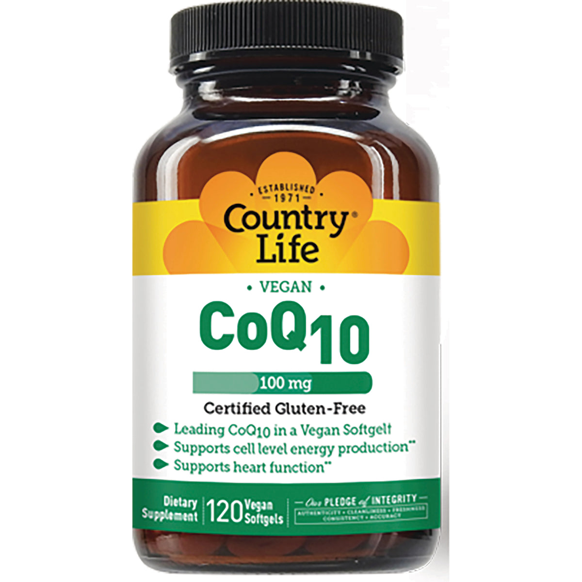 CRL363 | Brown bottle labeled Country Life CoQ10 100 mg vegan softgels, certified gluten-free, 120 count