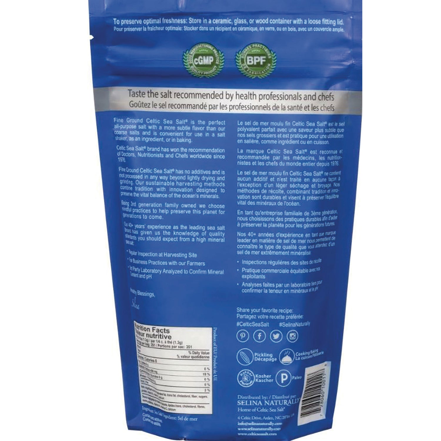 Blue pouch back showing nutrition facts, bilingual product information, certification icons and barcode