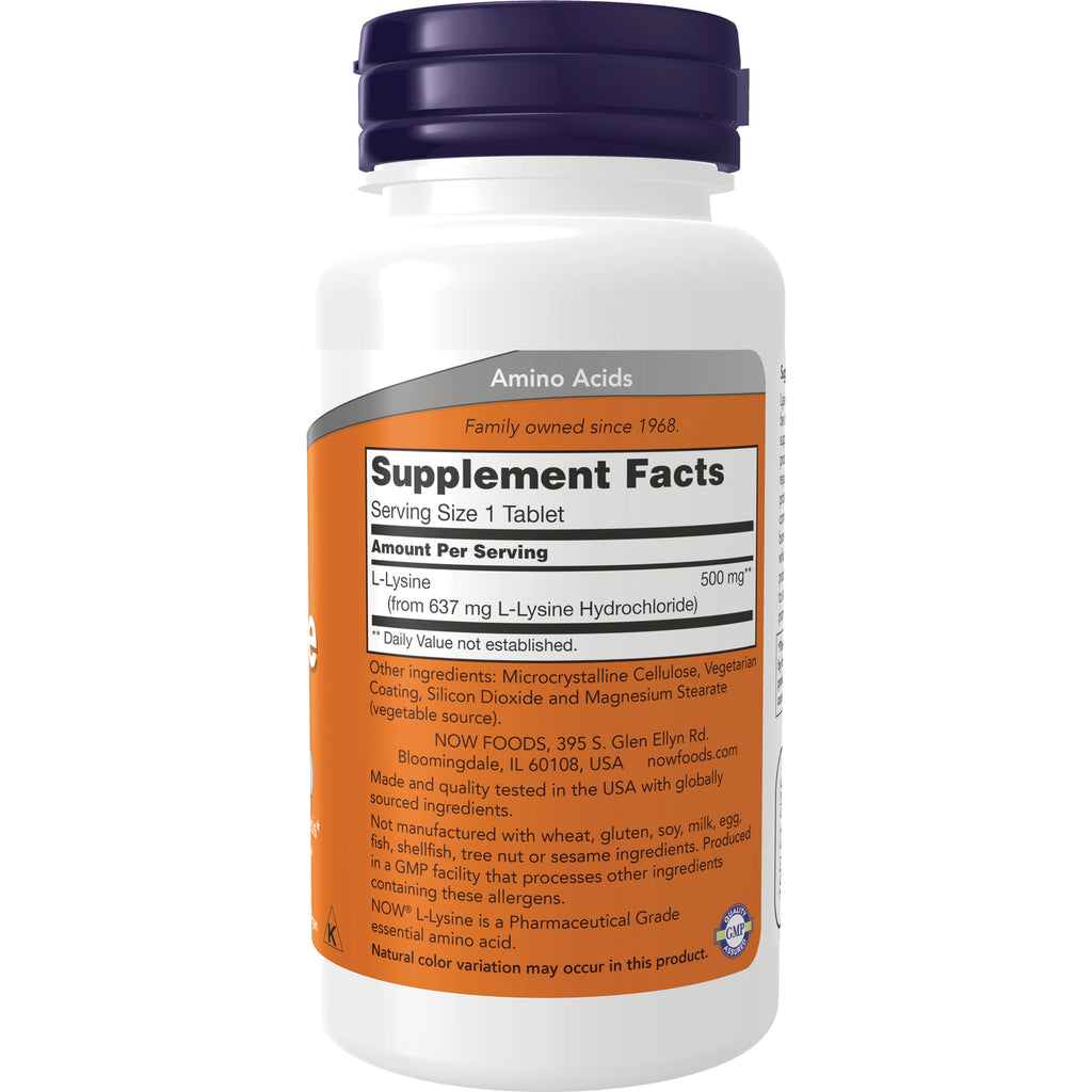 NWF832 | Back of white supplement bottle showing Supplement Facts label for L-Lysine, serving size 1 tablet and ingredients - Thumbnail