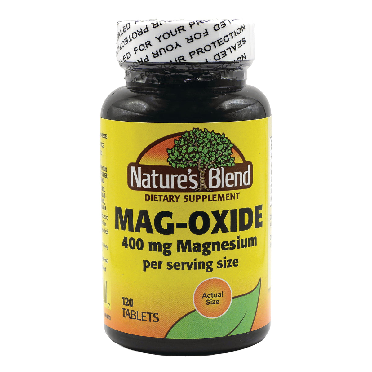 NAB129 | Nature's Blend Mag-Oxide 400 mg magnesium dietary supplement bottle, 120 tablets, front label showing Actual Size