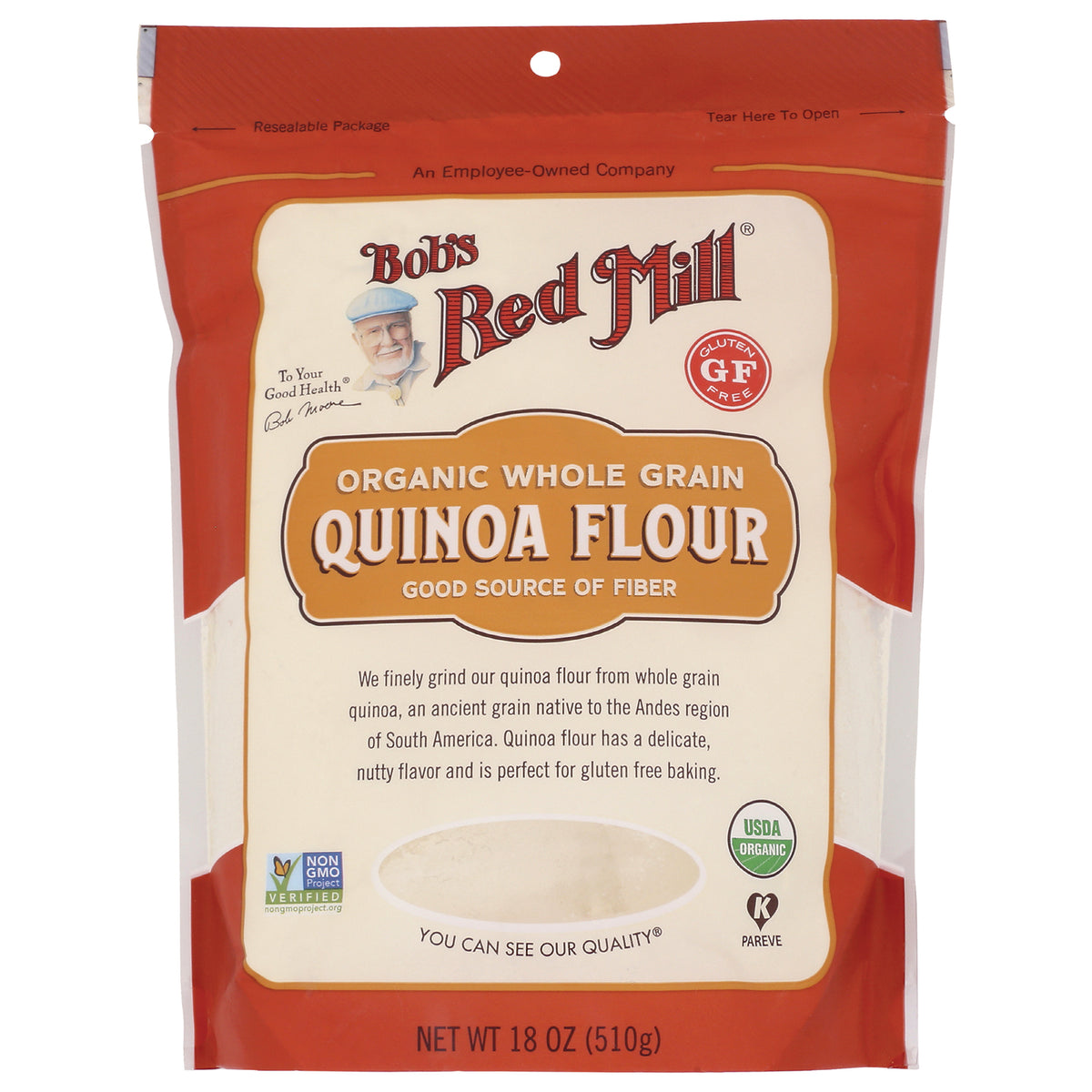 BOB279 | Bob's Red Mill organic whole grain quinoa flour packaging, 18 oz, gluten free, USDA Organic