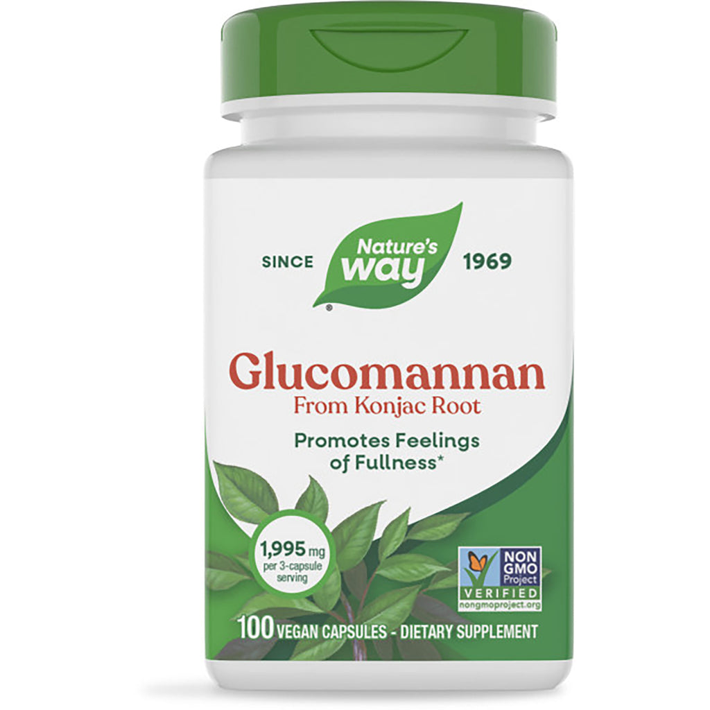 NW144 | Nature's Way Glucomannan from konjac root supplement bottle, label reads Promotes Feelings of Fullness, 100 vegan capsules - Thumbnail