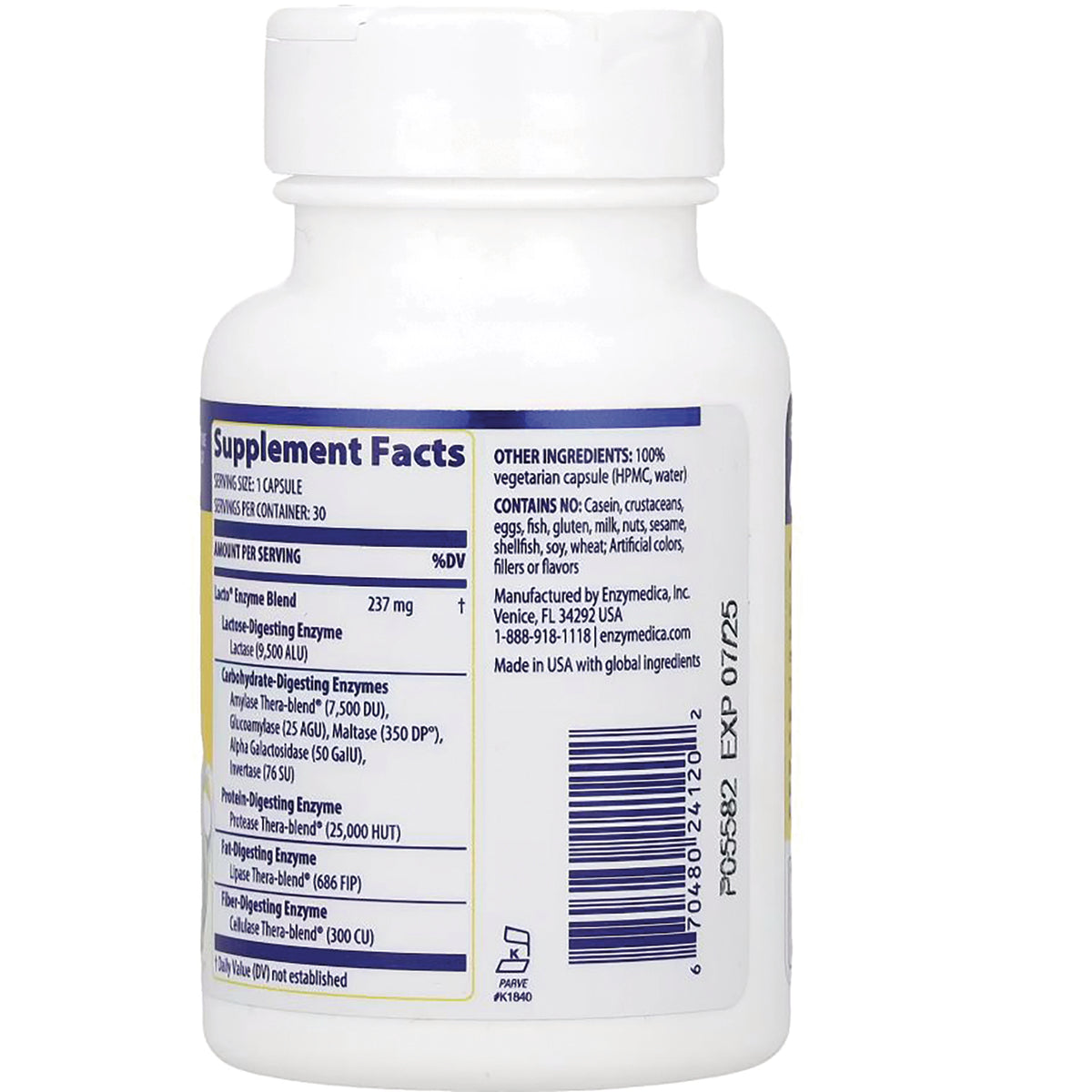 EMD014 | Back label of white supplement bottle showing Supplement Facts, ingredient list, and barcode