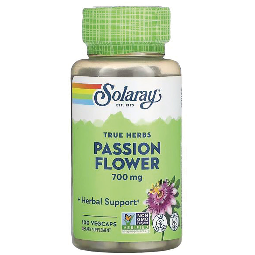 SLR218 | Solaray PASSION FLOWER 700 mg supplement bottle with green label, 100 vegcaps and passionflower illustration - Thumbnail