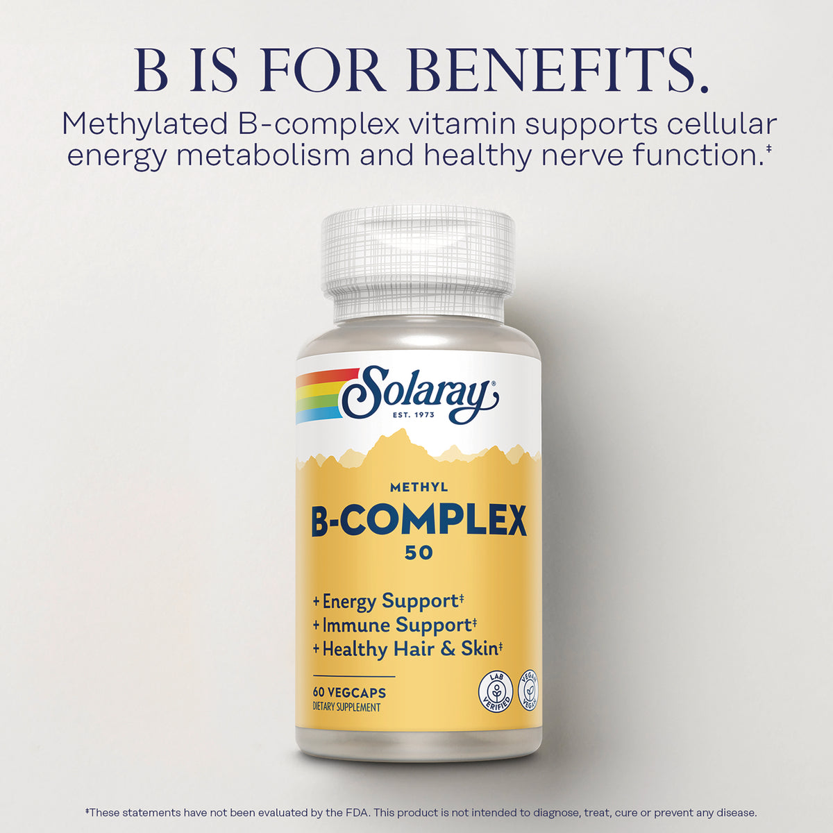 SLR548 | Solaray Methyl B-Complex 50 bottle front with label listing Energy Support, Immune Support, Healthy Hair & Skin