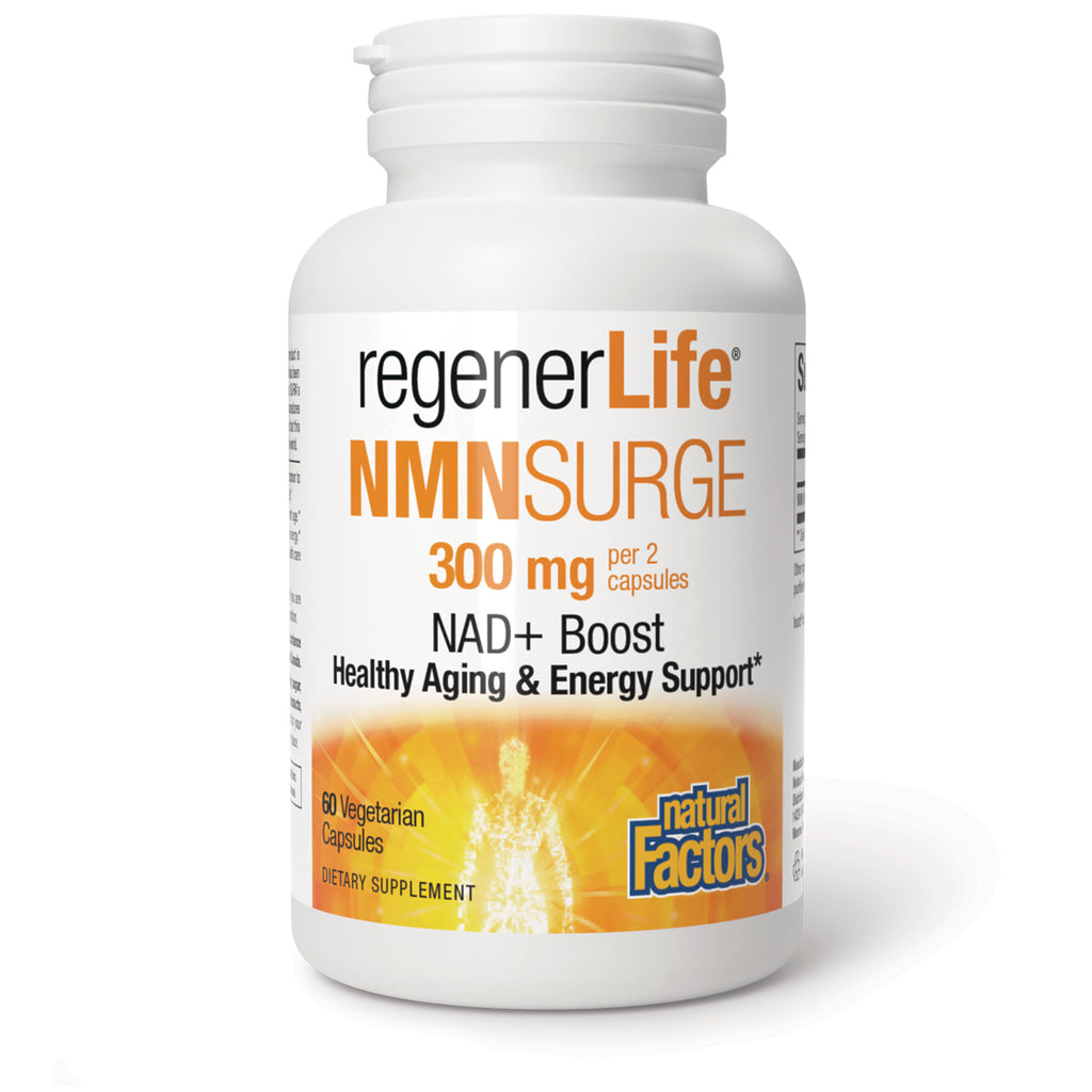 NFC219 | white supplement bottle labeled regenerLife NMN SURGE 300 mg NAD+ Boost Healthy Aging & Energy Support - Thumbnail