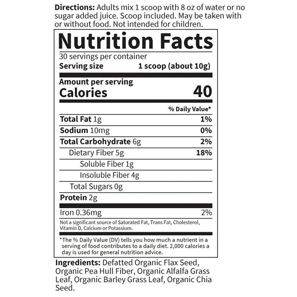 GLF081 | Nutrition Facts panel: serving size 1 scoop (about 10g), 40 calories, 5g dietary fiber, 2g protein; ingredients listed below