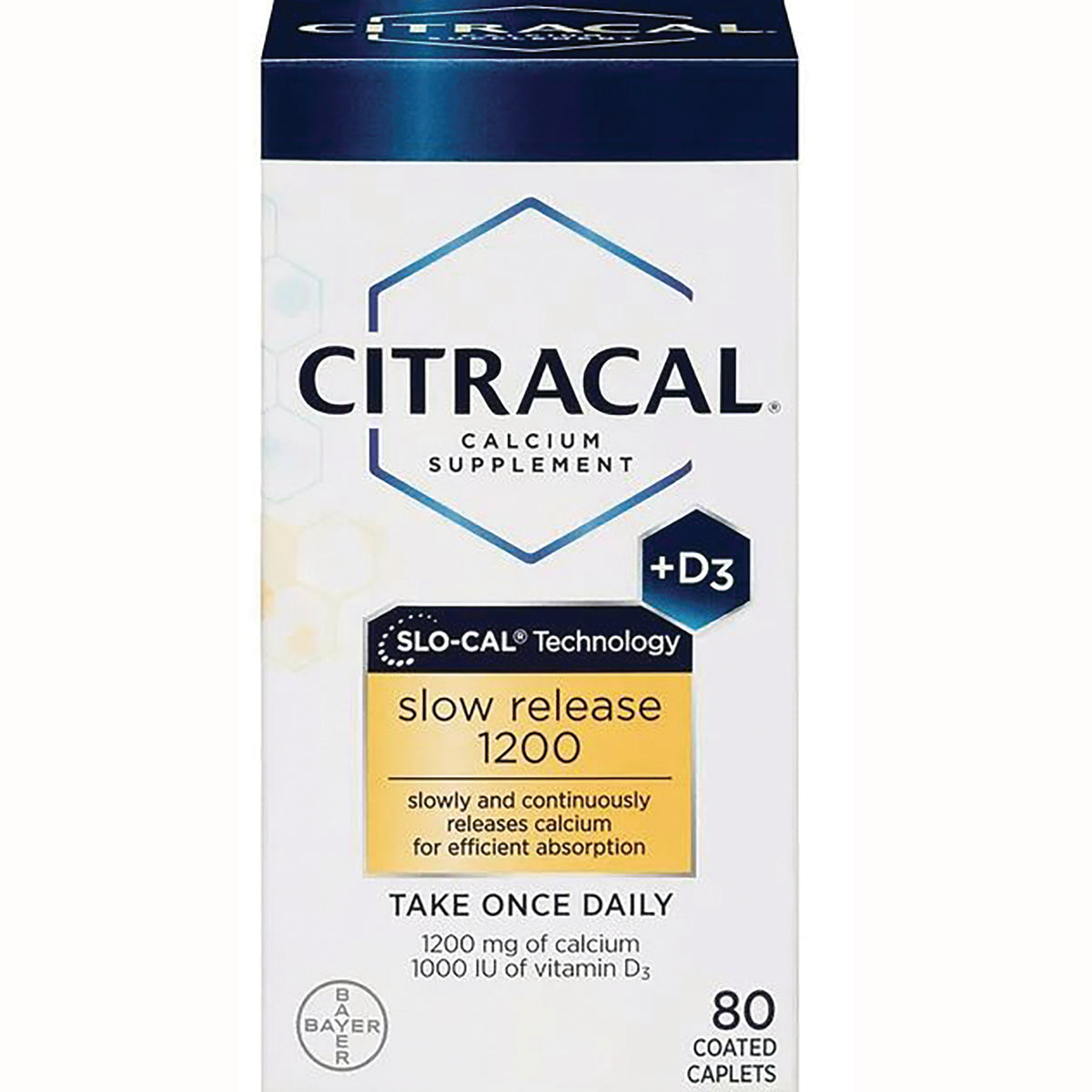 CCL004 | Citracal calcium supplement front packaging showing slow release 1200 with D3 and 80 coated caplets