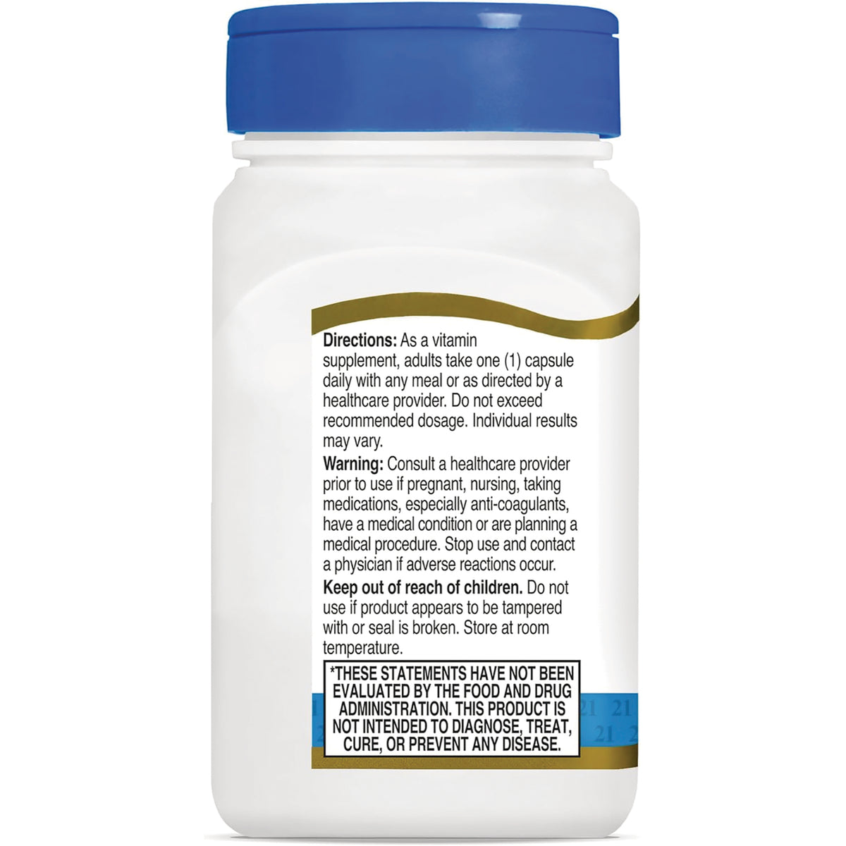 CNT276 | Back label of white supplement bottle with directions, warning, and FDA disclaimer, blue cap