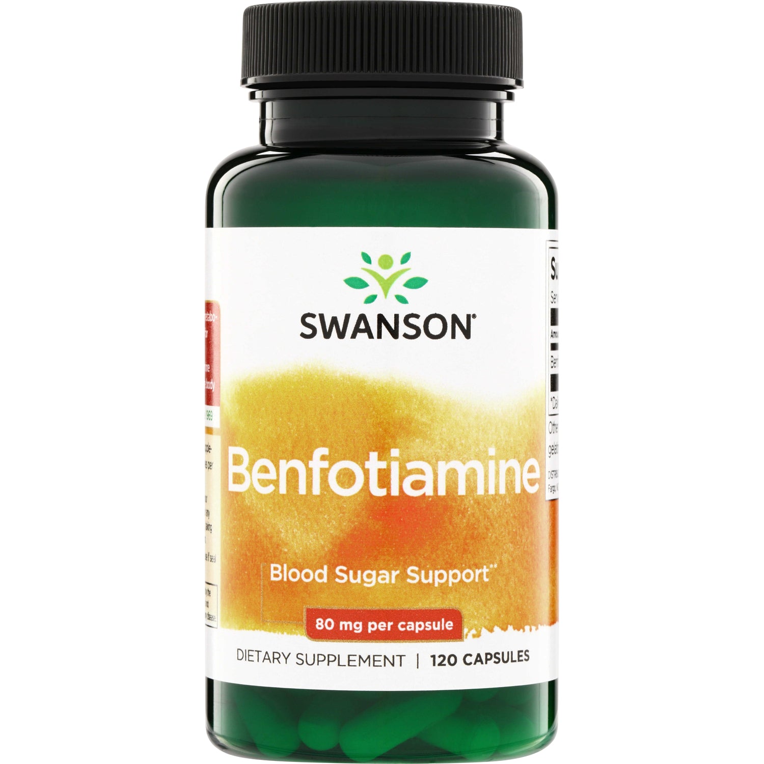 SWU975 | Swanson Benfotiamine supplement bottle, Blood Sugar Support, 80 mg per capsule, 120 capsules