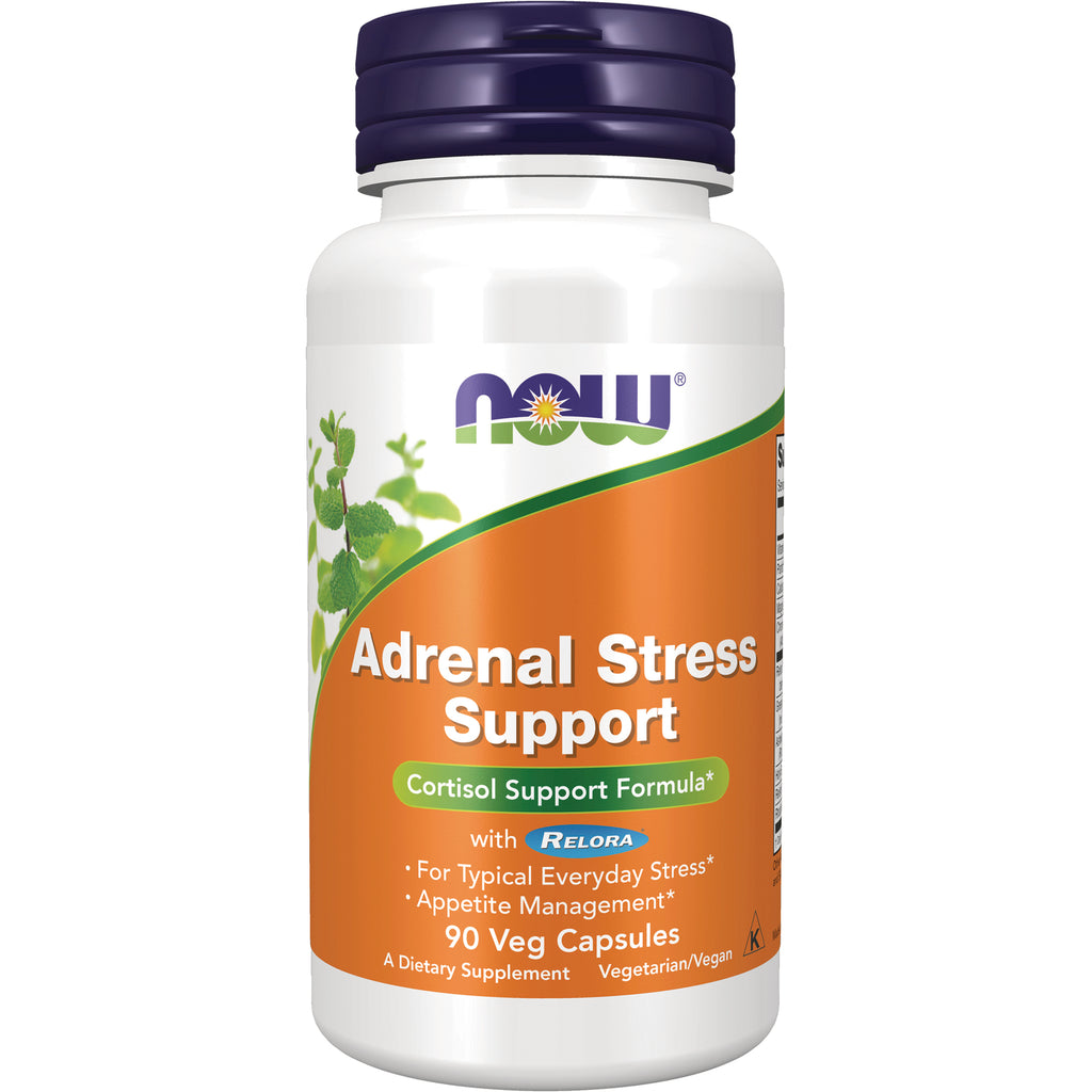 NWF576 | NOW Adrenal Stress Support supplement bottle with orange label reading 90 Veg Capsules - Thumbnail