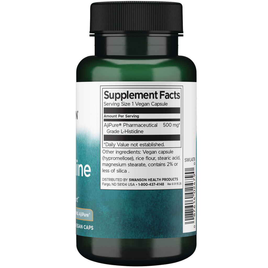 SWU479 | Back label with Supplement Facts and ingredients for AjiPure LHistidine 500 mg vegan capsule - Thumbnail