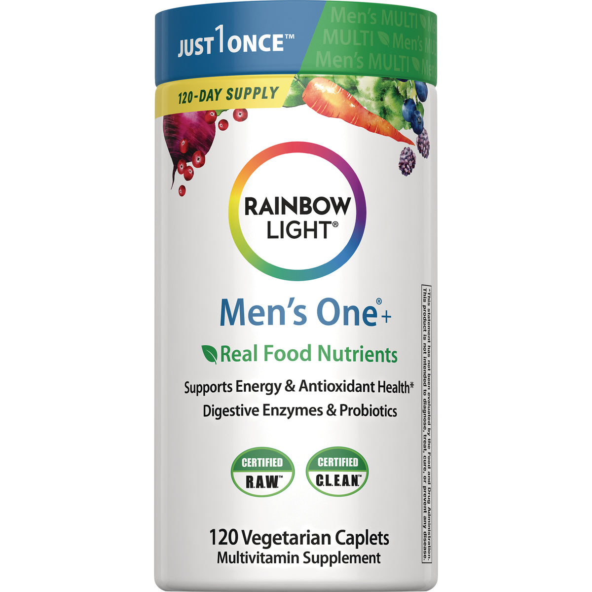 RBL171 | Rainbow Light Men's One+ multivitamin bottle showing Real Food Nutrients label and 120 vegetarian caplets