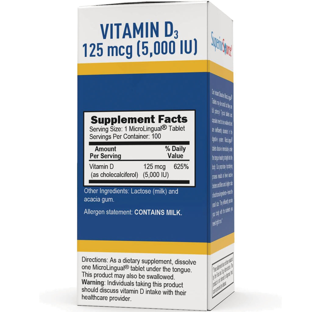 SUS001 | Back panel with Supplement Facts for Vitamin D3 125 mcg (5,000 IU), serving size 1 MicroLingual tablet - Thumbnail