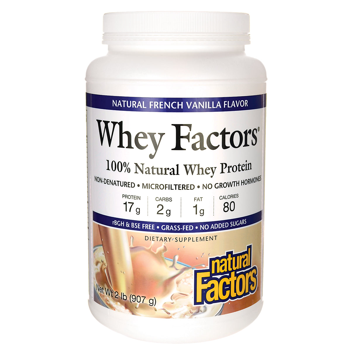 NFC109 | Whey Factors 100% Natural Whey Protein tub, Natural French Vanilla flavor, 2 lb container