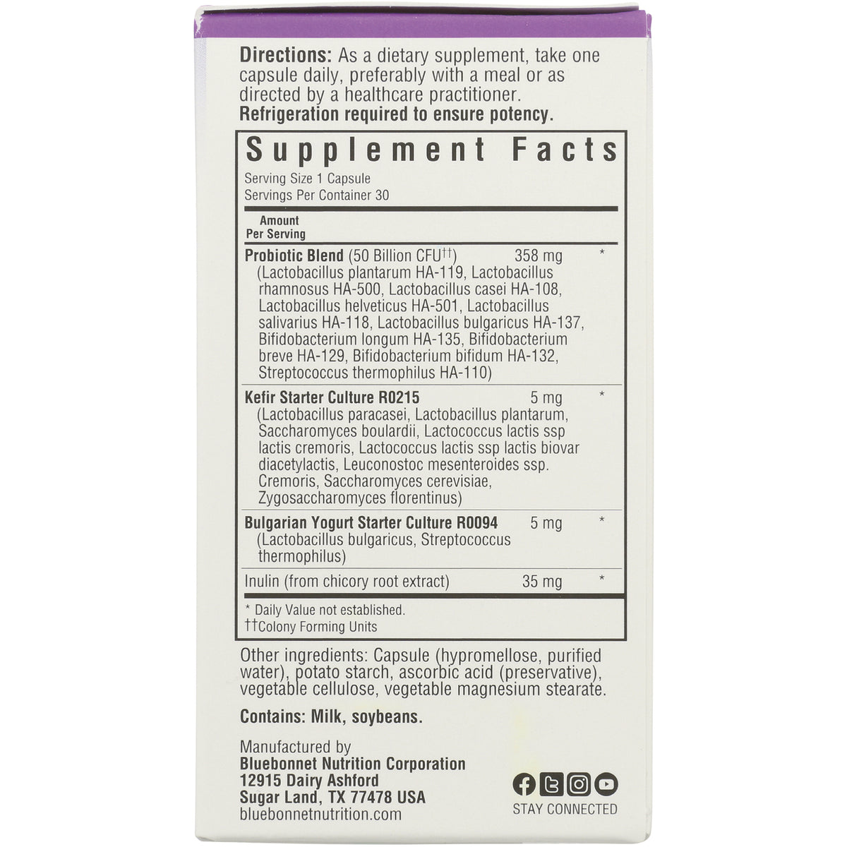 BLU148 | back panel showing supplement facts, directions, and ingredient list contains Milk, soybeans