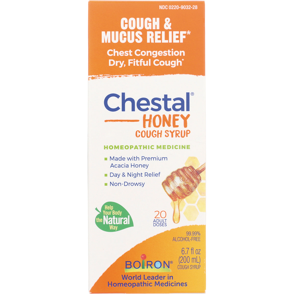 BRN084 | Chestal Honey cough syrup front packaging stating cough & mucus relief, made with premium acacia honey, 20 adult doses