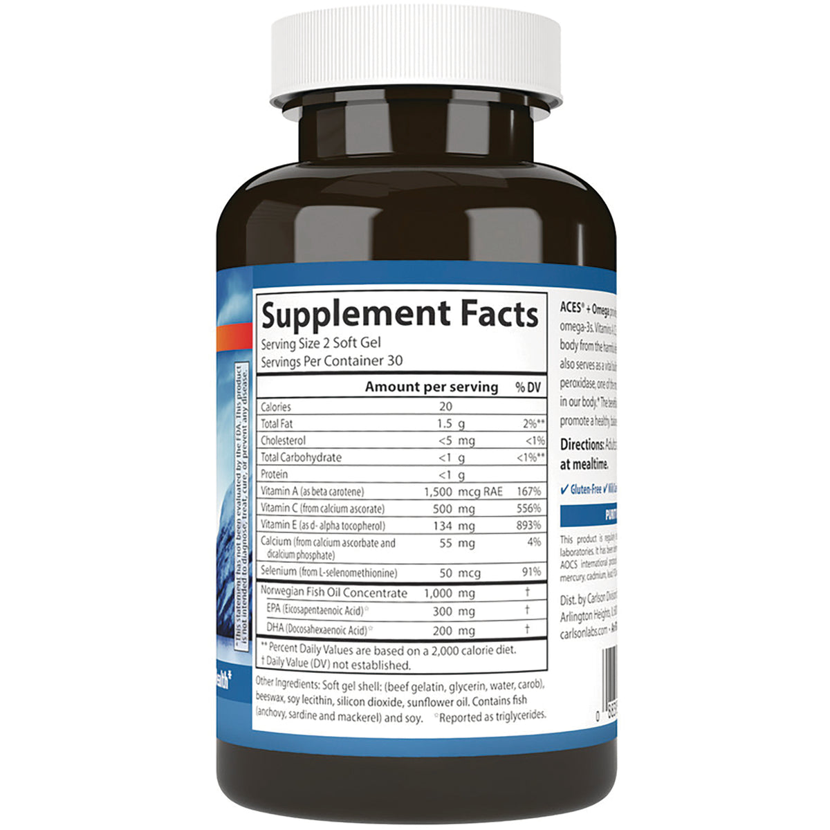 Supplement Facts label on back of brown supplement bottle showing serving size, nutrient amounts and Norwegian fish oil content