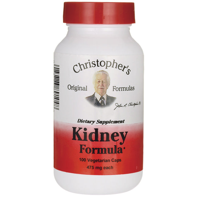 DCR054 | White bottle with red cap labeled Christopher's Kidney Formula, 100 vegetarian caps 475 mg each
