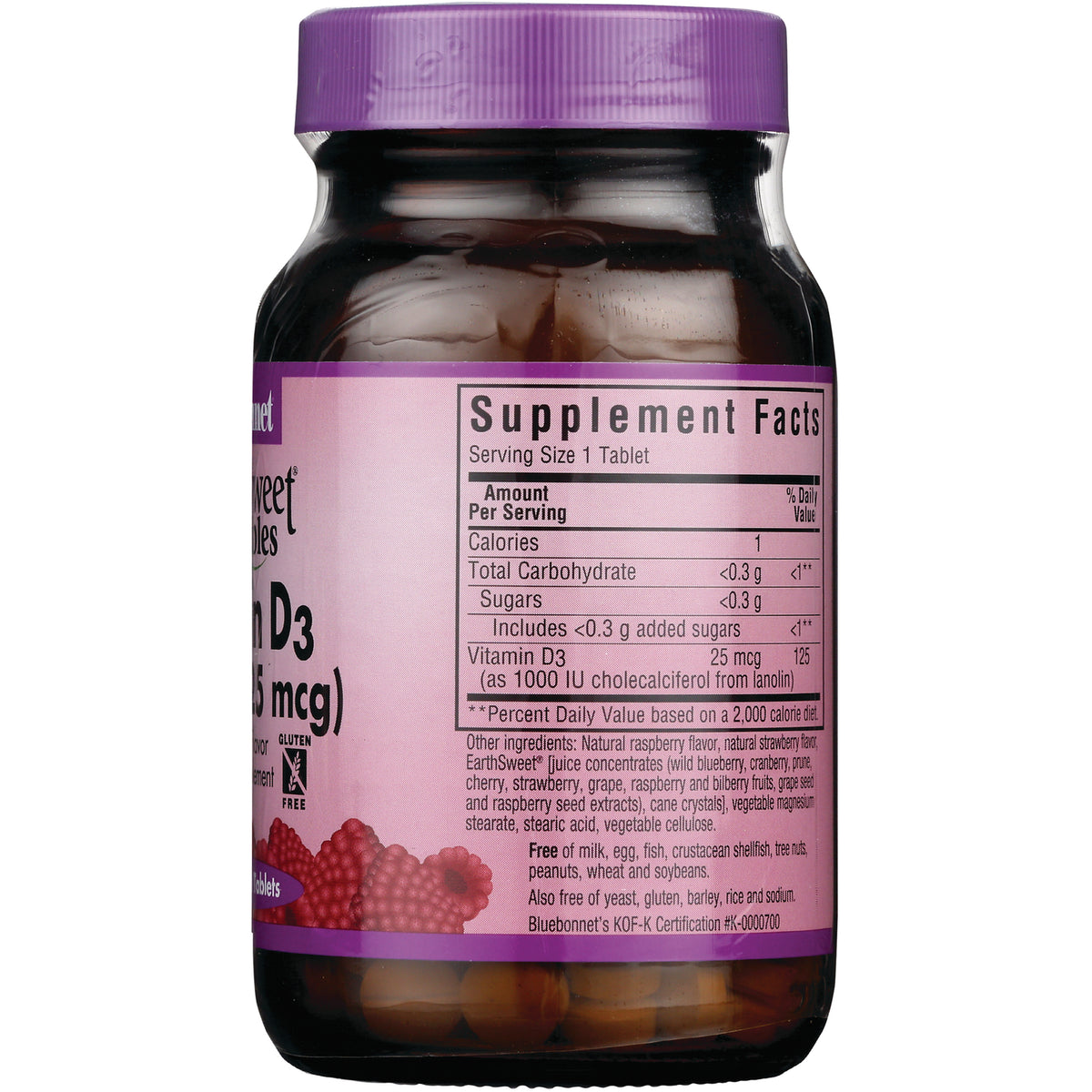 BLU076 | Back of raspberry vitamin bottle showing Supplement Facts panel and ingredient text