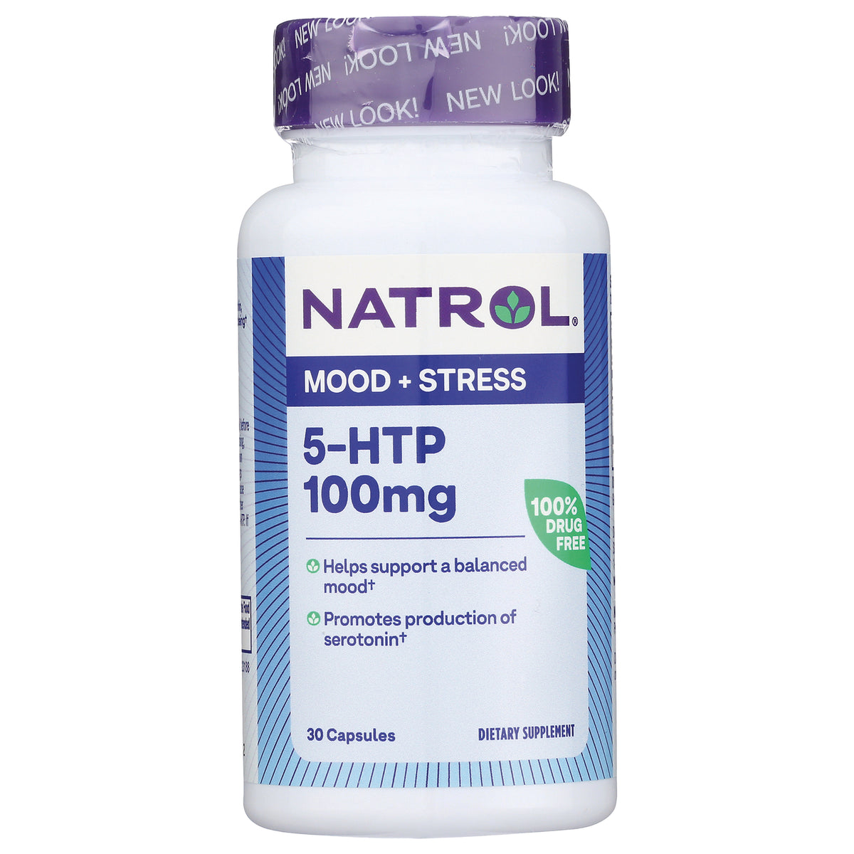 NA332 | Natrol 5-HTP 100mg mood + stress dietary supplement bottle, 30 capsules, label shows 100% DRUG FREE