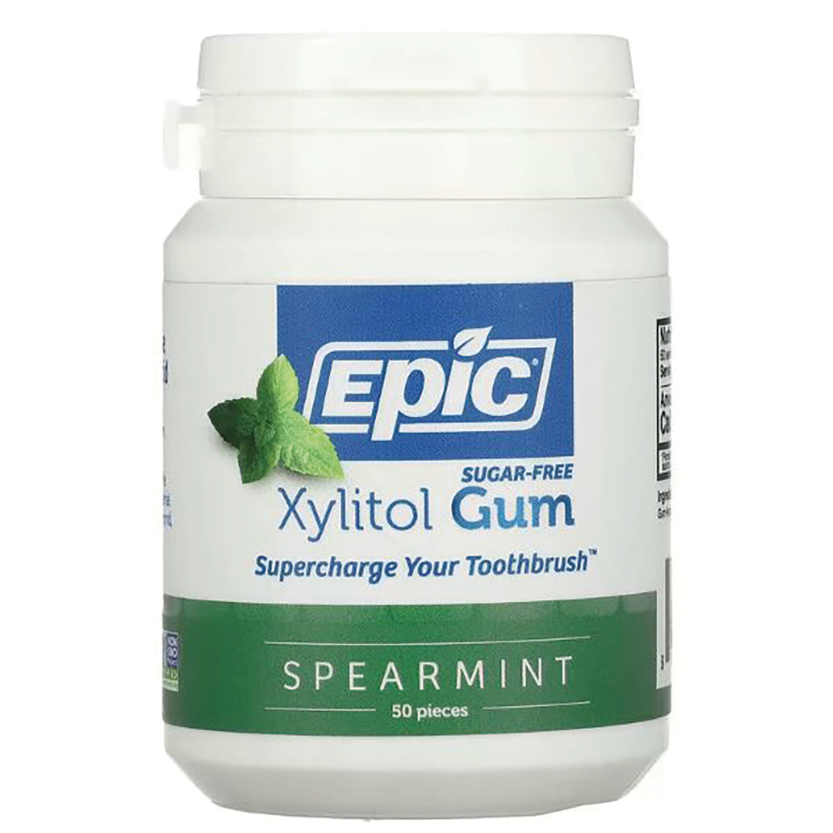 EPI012 | White bottle of Epic Xylitol Gum, spearmint flavor label with brand logo and 50 pieces
