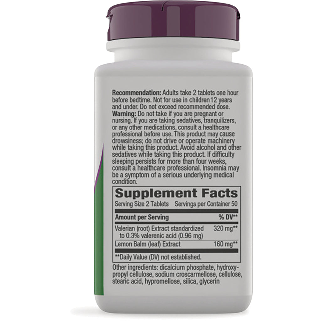 NW749 | Back of white supplement bottle showing warnings and Supplement Facts panel with Valerian 320 mg and Lemon Balm 160 mg - Thumbnail