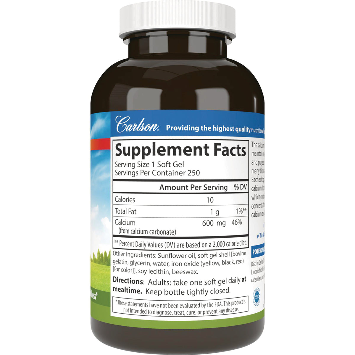CSN313 | bottle back showing Supplement Facts panel with serving size 1 soft gel, calcium 600 mg and ingredients