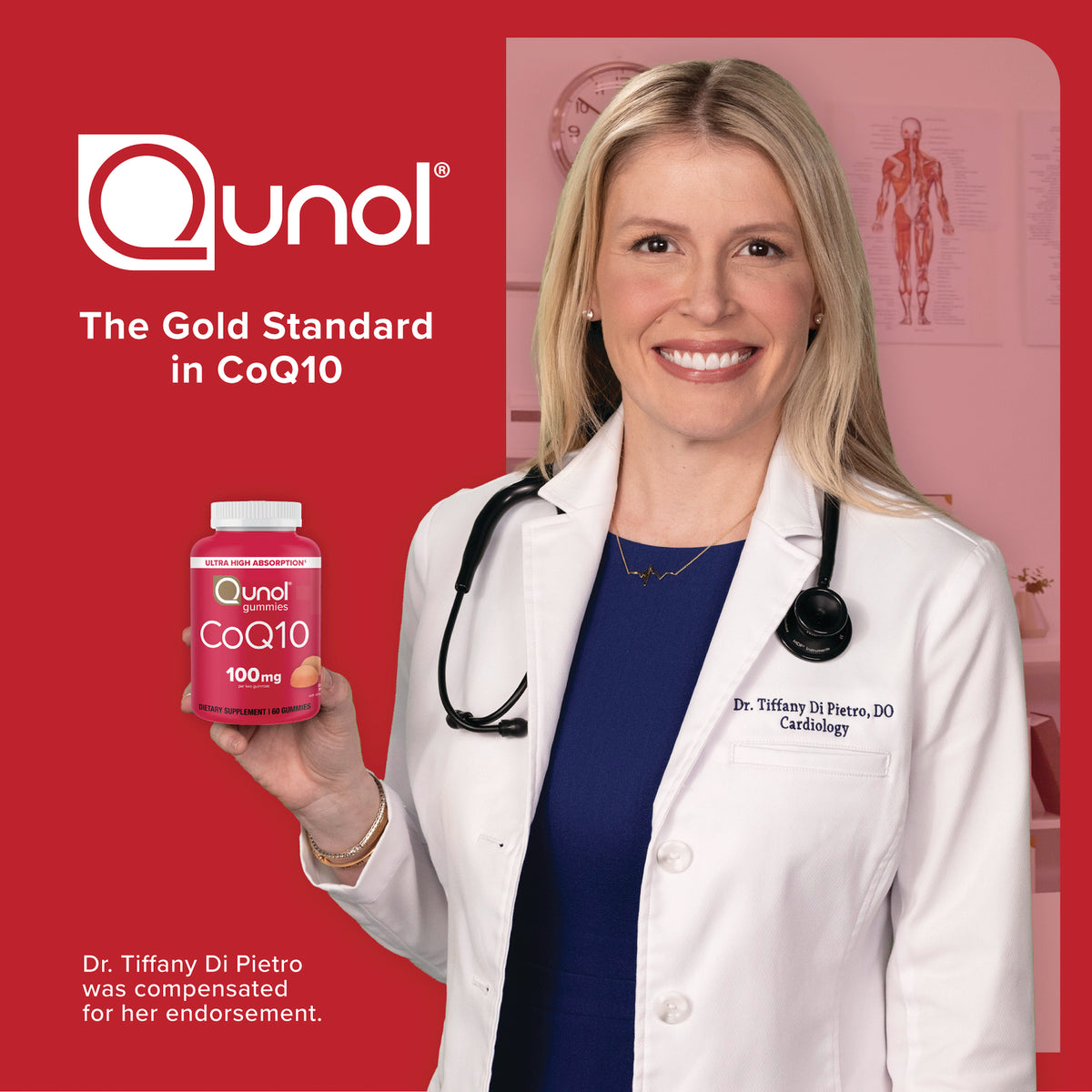 QNL013 | Qunol CoQ10 gummies bottle held by a doctor with the tagline The Gold Standard in CoQ10