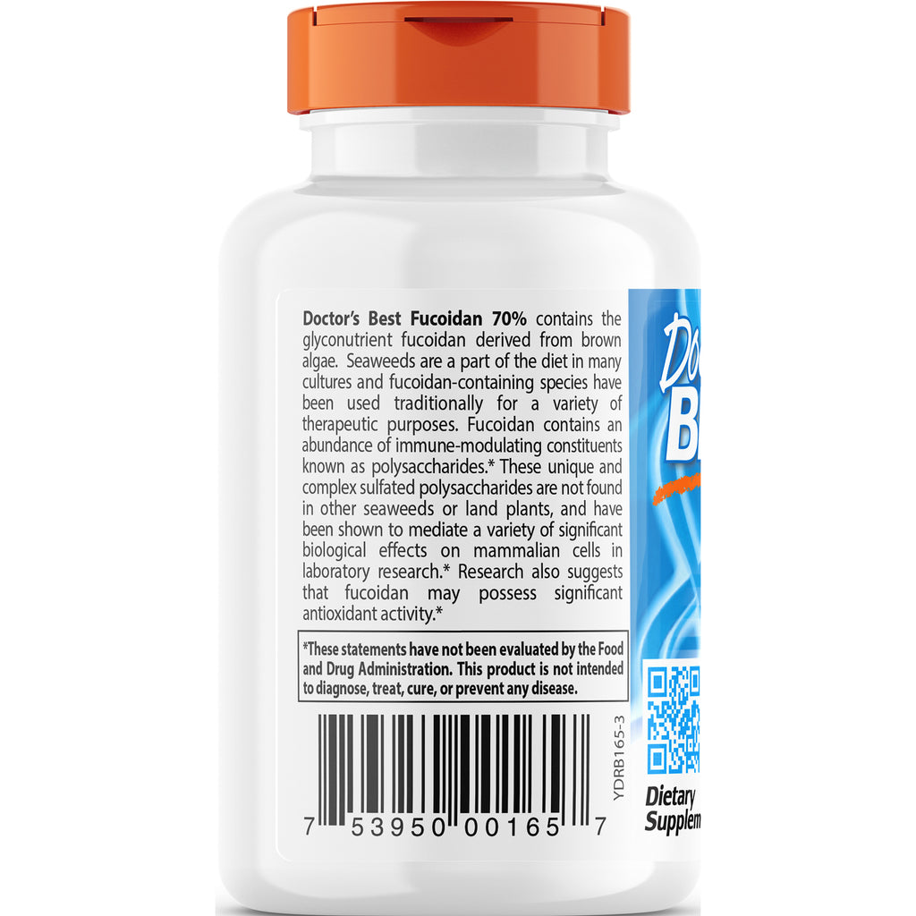 DB109 | Back label of white supplement bottle with orange cap showing Doctor's Best Fucoidan 70% description, barcode and QR code - Thumbnail