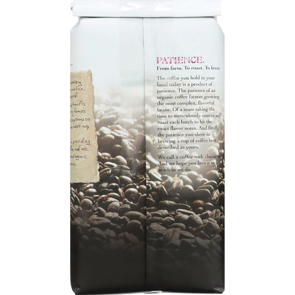 JOC003 | Back of coffee bag showing coffee bean image, PATIENCE heading and product story text - Thumbnail