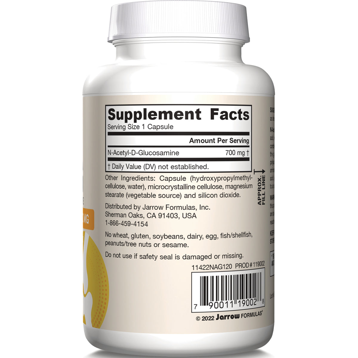 JR092 | Back label showing Supplement Facts with N-Acetyl-D-Glucosamine 700 mg, ingredient list, and barcode