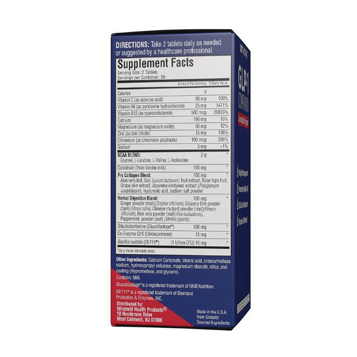 DTW003 | Back of blue supplement box showing Supplement Facts panel, directions and ingredient list