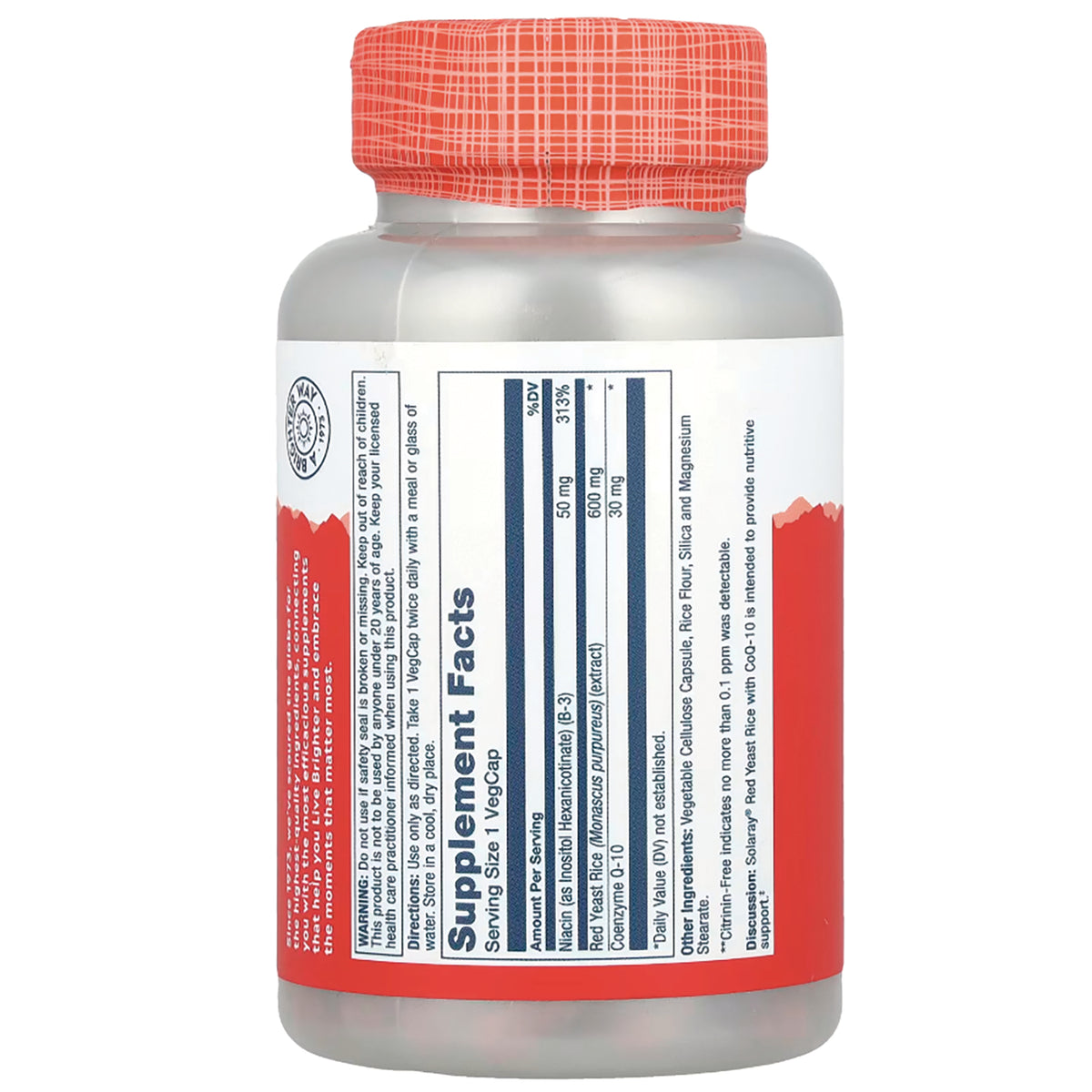 SLR181 | Back of supplement bottle showing Supplement Facts panel, red patterned cap, and red label