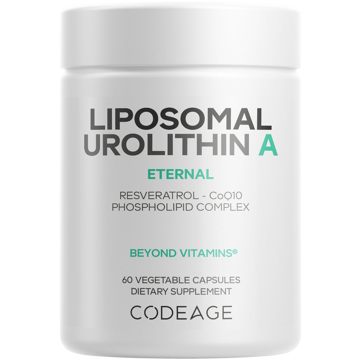 White bottle labeled LIPOSOMAL UROLITHIN A ETERNAL, 60 capsules dietary supplement by CODEAGE