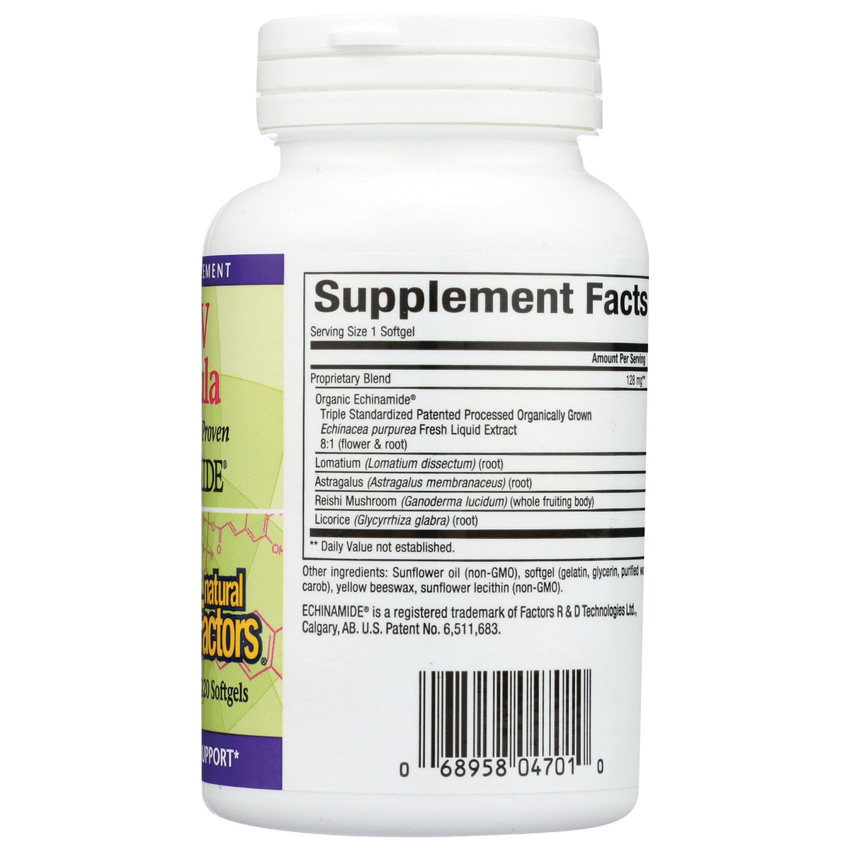 NFC105 | back of white supplement bottle showing Supplement Facts panel, ingredients list, and barcode