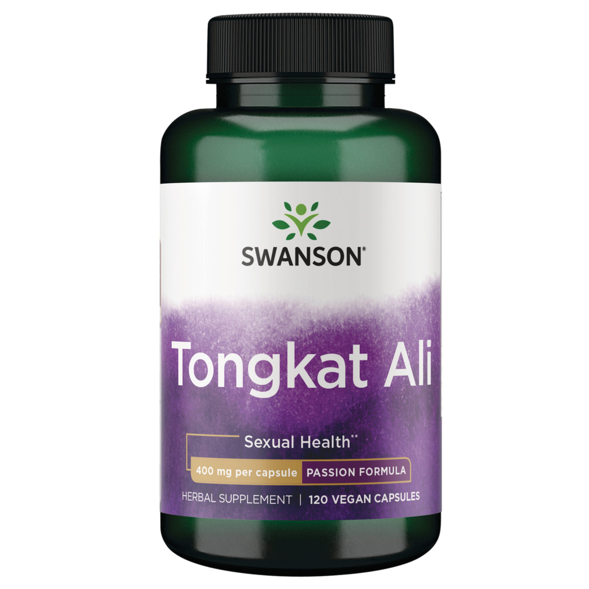 SWP013 | Swanson Tongkat Ali herbal supplement bottle, 120 vegan capsules, 400 mg per capsule, Passion Formula