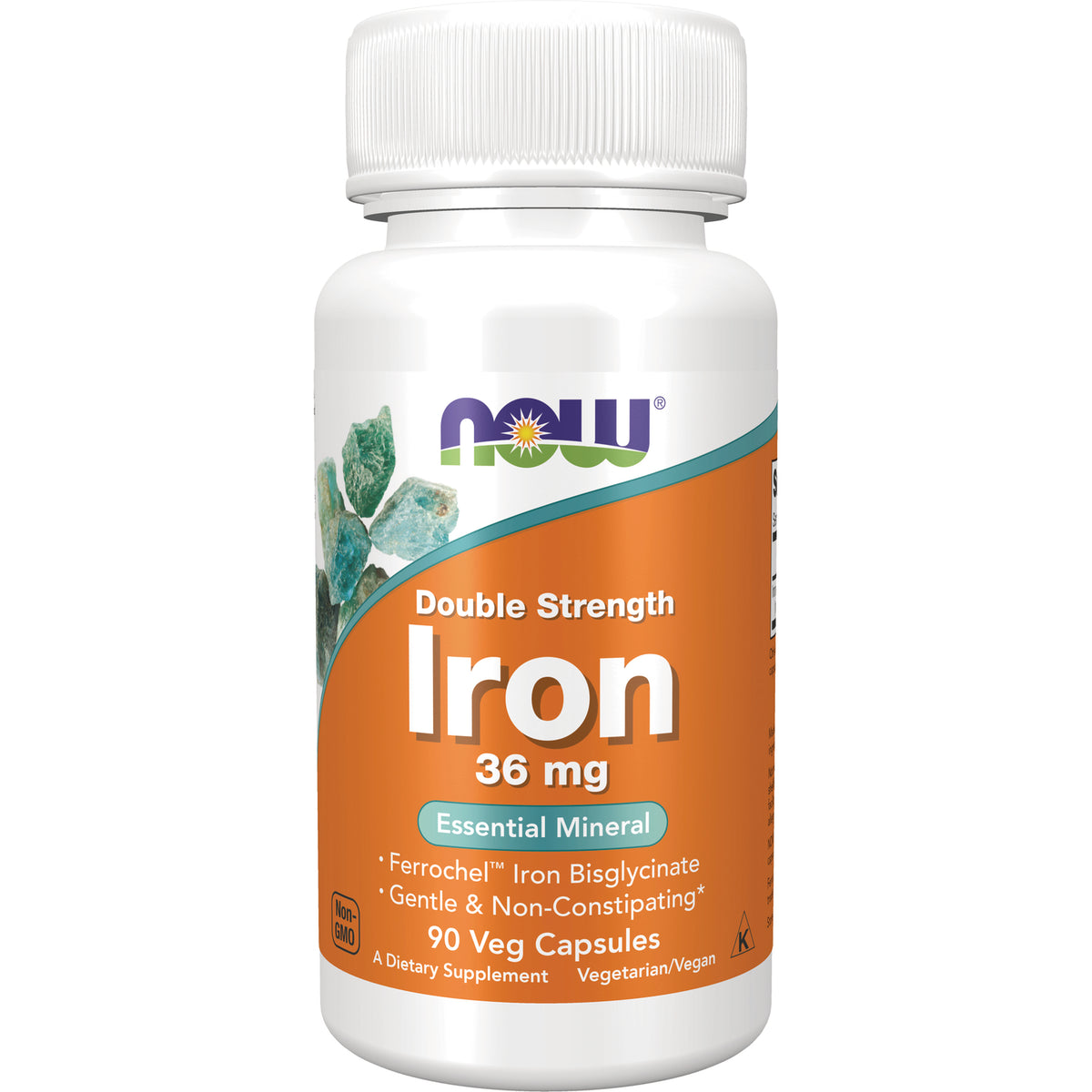 NWF1327 | NOW Double Strength Iron 36 mg supplement bottle, 90 Veg Capsules, orange front label