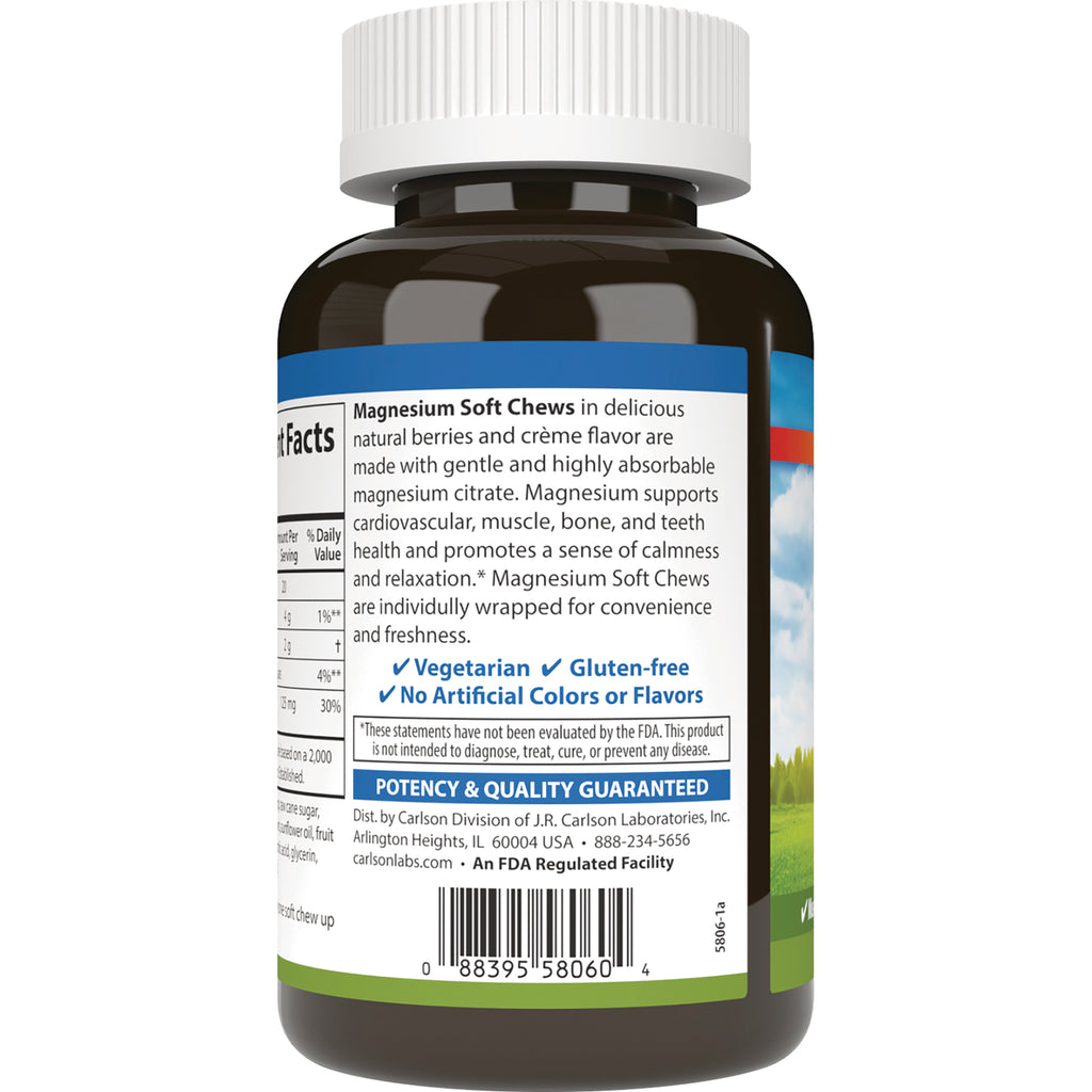 CSN310 | Back label of Magnesium Soft Chews bottle showing supplement facts, claims, and barcode - Thumbnail