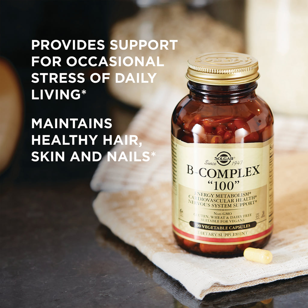 SLG210 | Solgar B-Complex 100 bottle and capsule with overlay text about stress support and healthy hair, skin, nails - Thumbnail