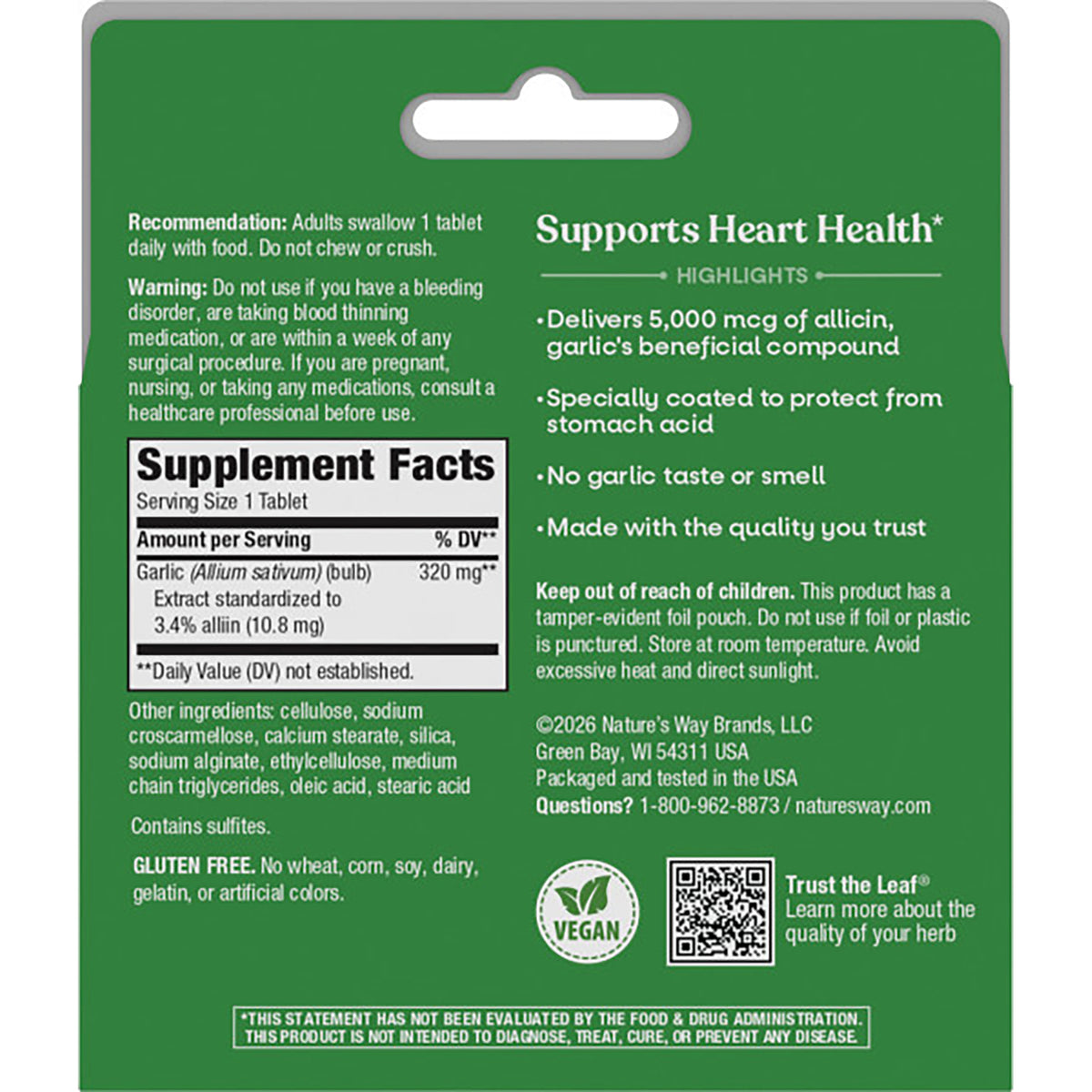 ET228 | Back of teal supplement package showing Supplement Facts panel, dosage and warning text, ingredients, and heart health benefit claims