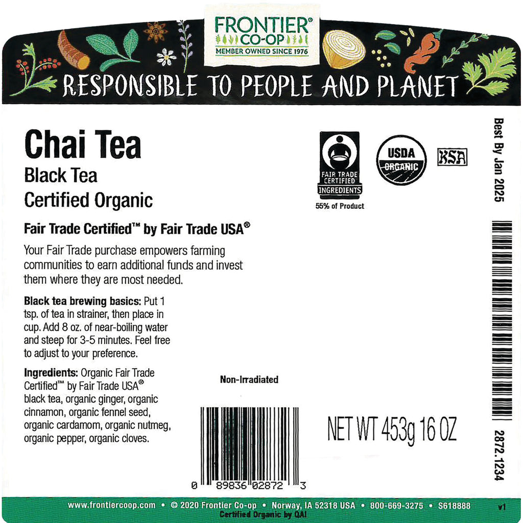 FNP029 | Back label of Frontier Co-op Chai Tea with brewing instructions, ingredients, certifications, and NET WT 453g 16 OZ - Thumbnail